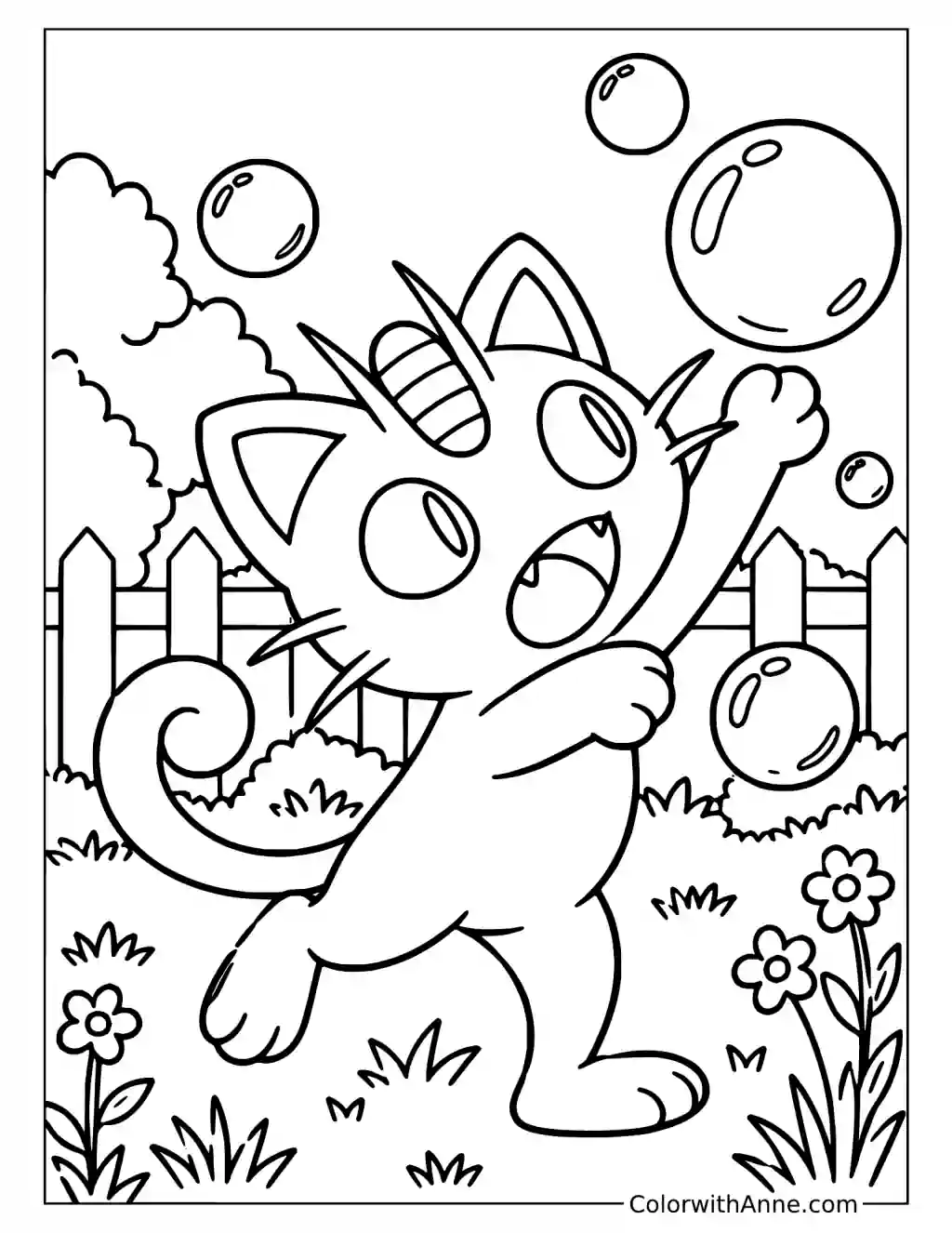 Meowth Playing with Bubbles in the Garden in a printable coloring scene with clear outlines.