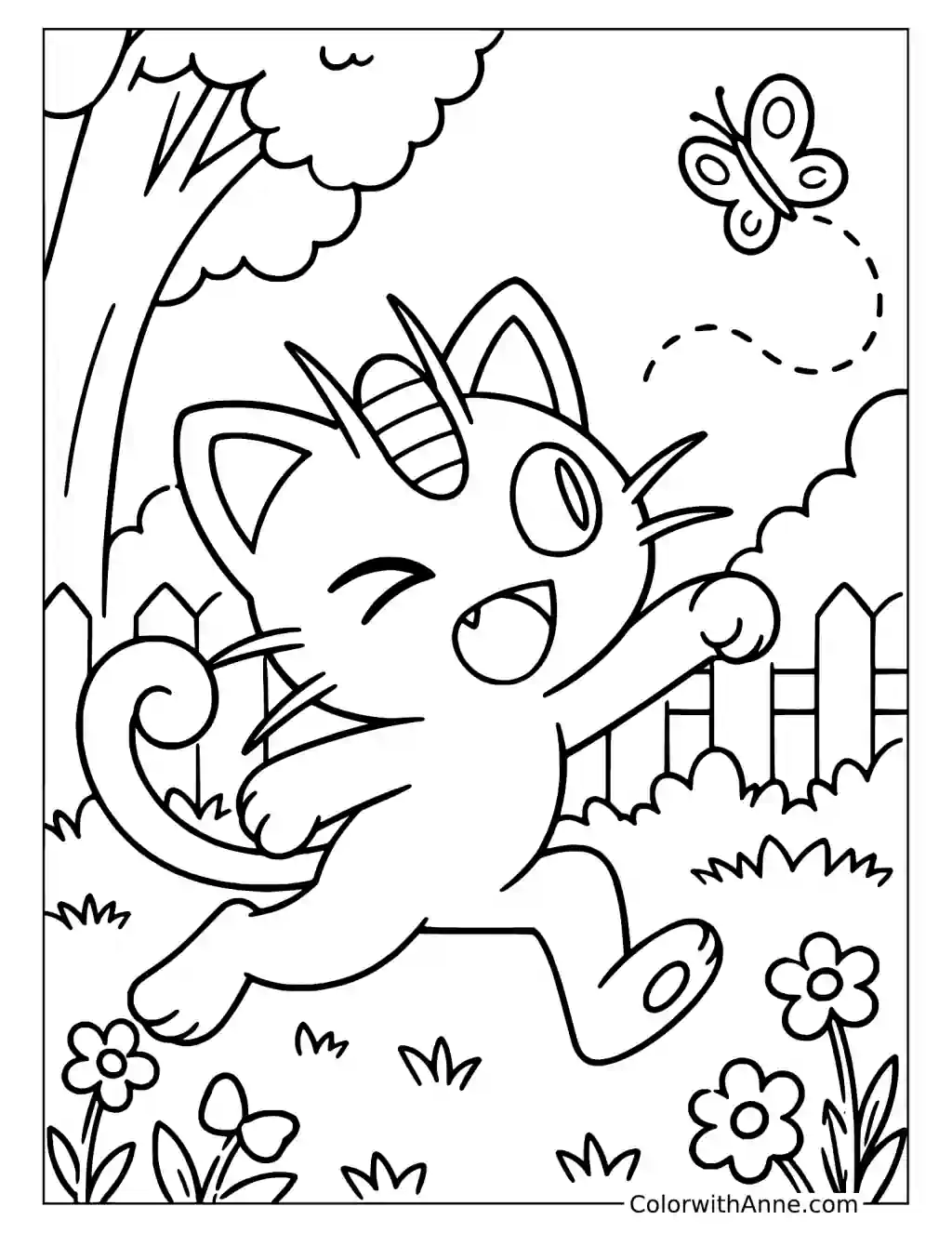 Meowth Reaching for a Butterfly in a printable coloring scene with clear outlines.