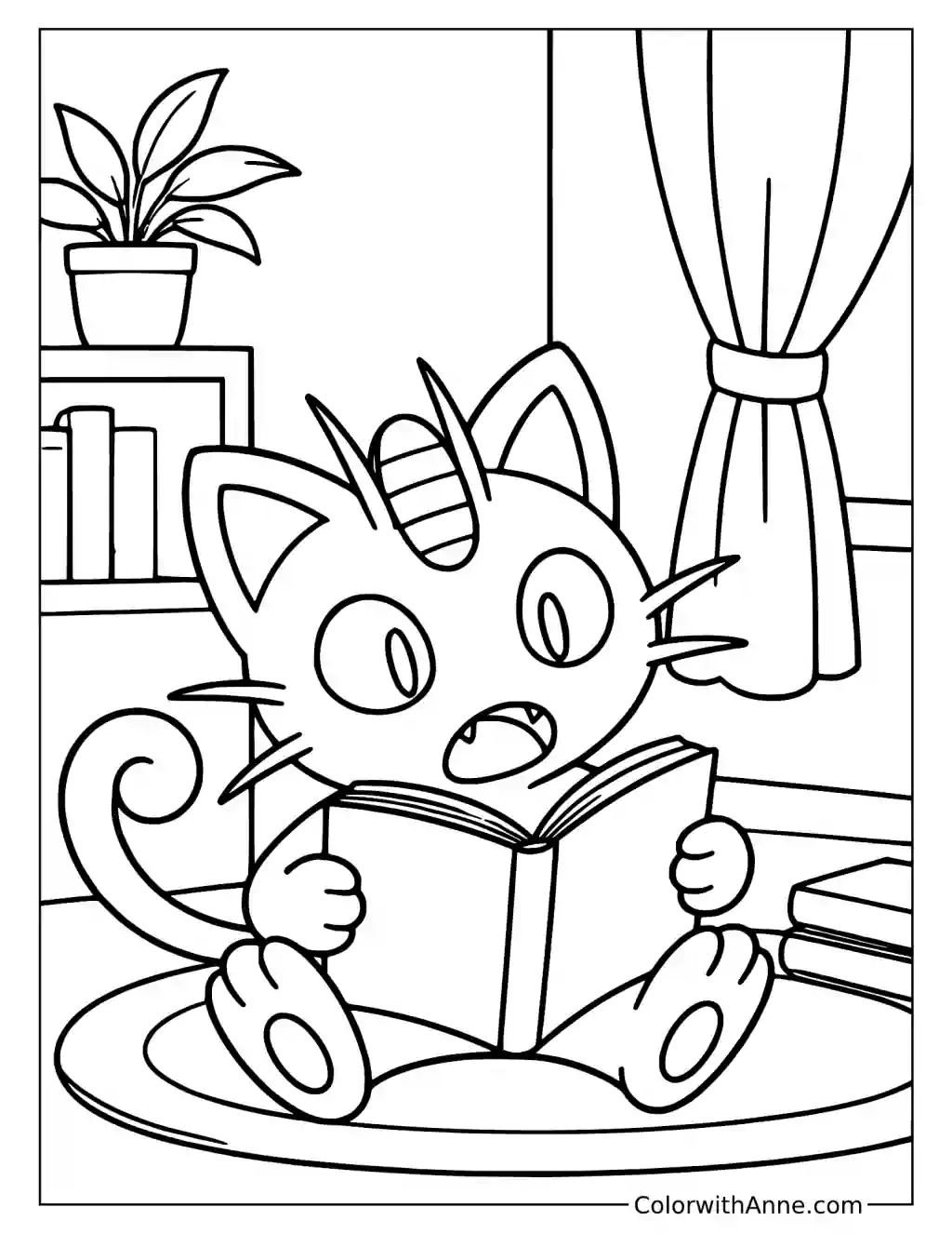 Meowth Reading in a Cozy Chair in a printable coloring scene with clear outlines.