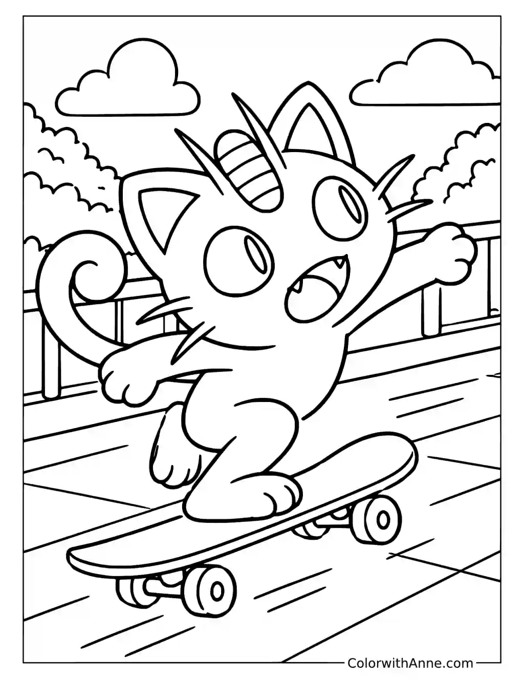 Meowth Riding a Skateboard in a printable coloring scene with clear outlines.