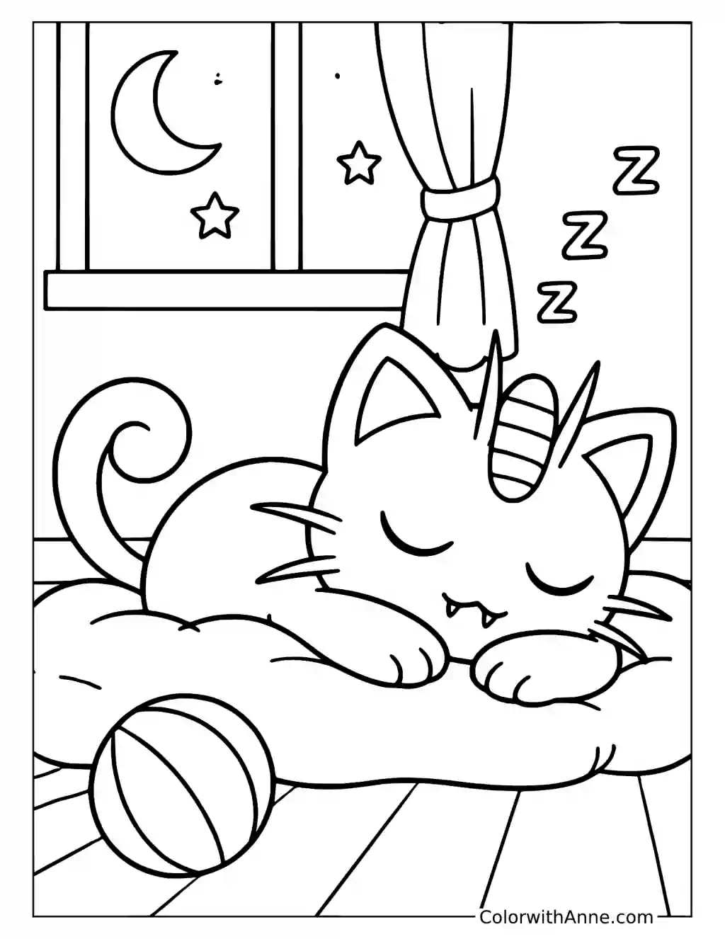 Meowth Sleeping beside a Ball in a printable coloring scene with clear outlines.