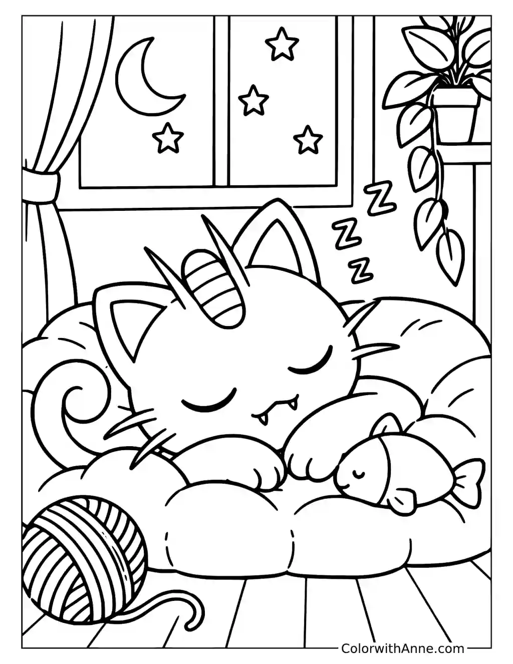 Meowth Sleeping beside a Toy Mouse in a printable coloring scene with clear outlines.