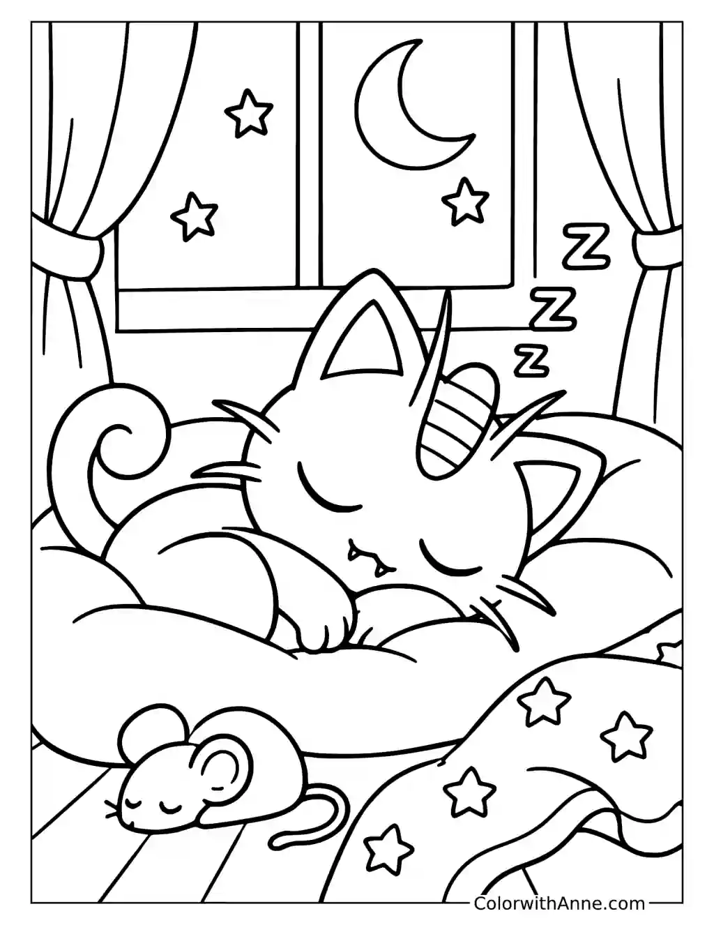 Meowth Sleeping in a Starry Bed in a printable coloring scene with clear outlines.