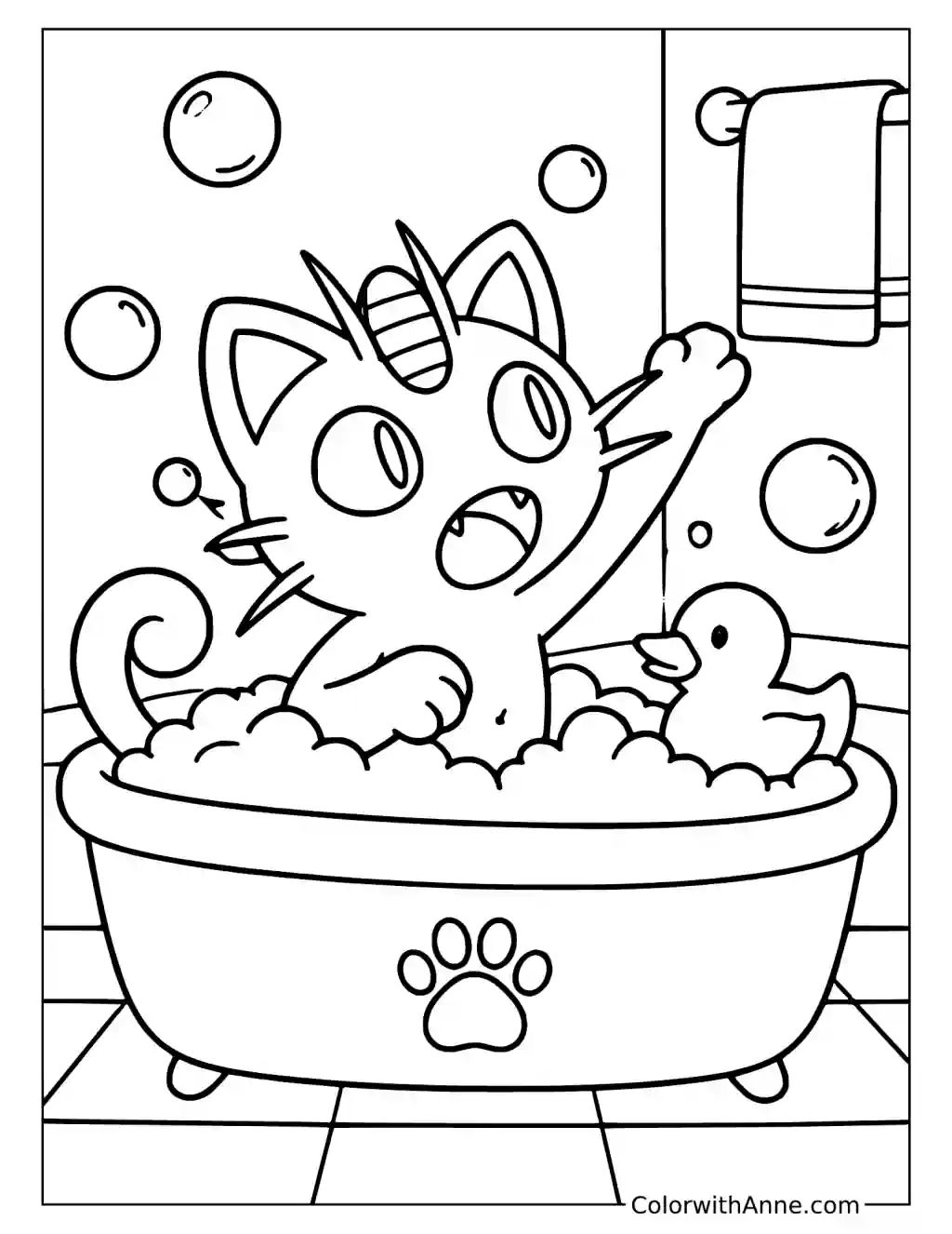 Meowth Taking a Bubble Bath in a printable coloring scene with clear outlines.