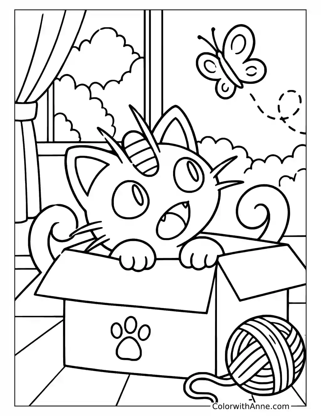 Meowth Watching a Butterfly from a Box in a printable coloring scene with clear outlines.