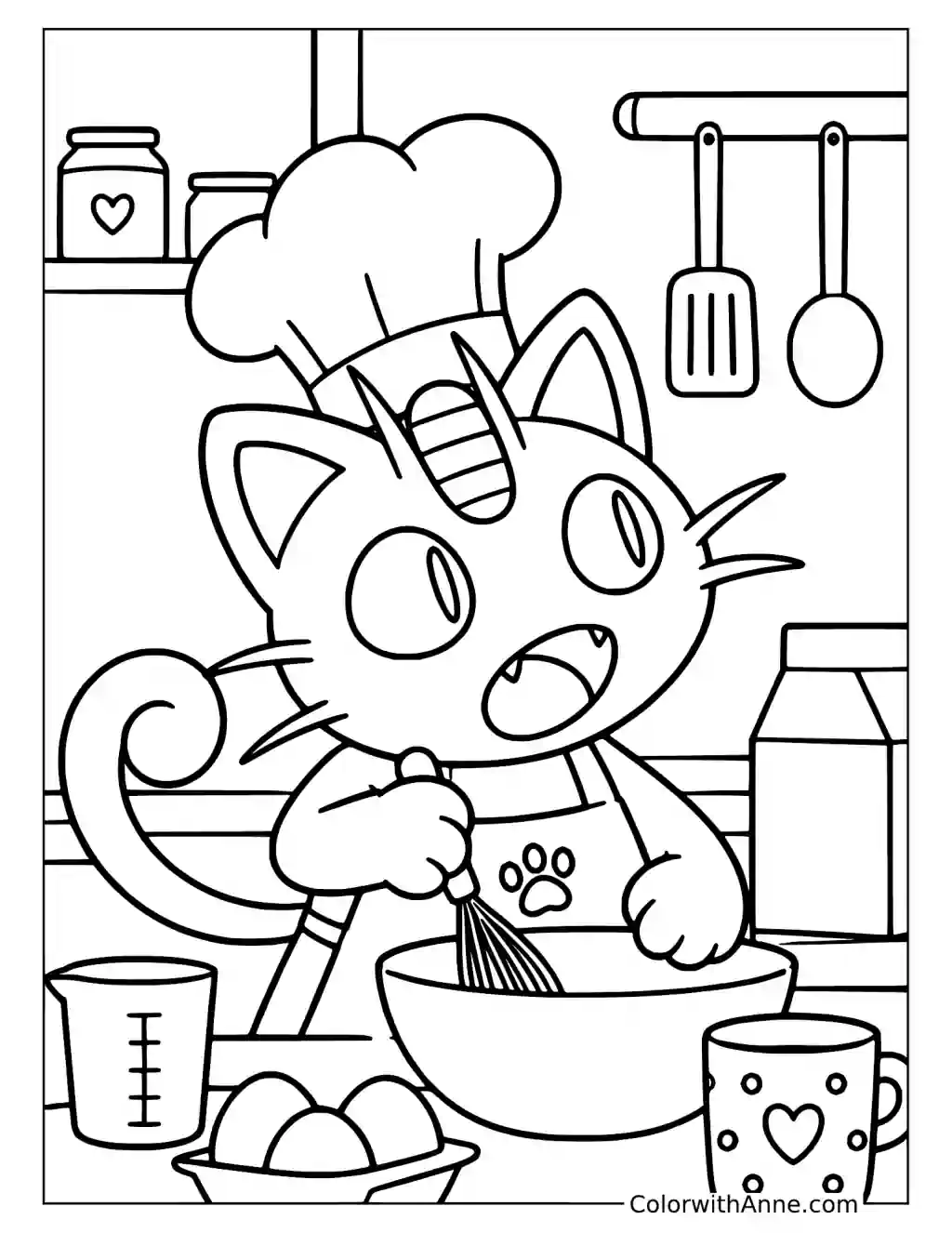 Meowth Whisking Batter in the Kitchen in a printable coloring scene with clear outlines.