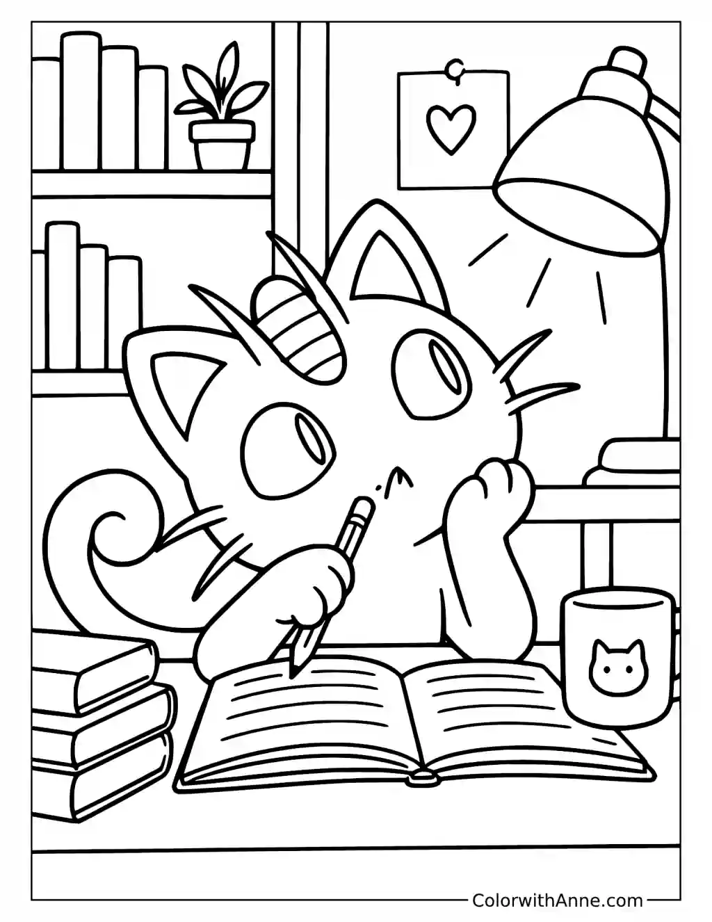 Meowth Writing in a Notebook in a printable coloring scene with clear outlines.