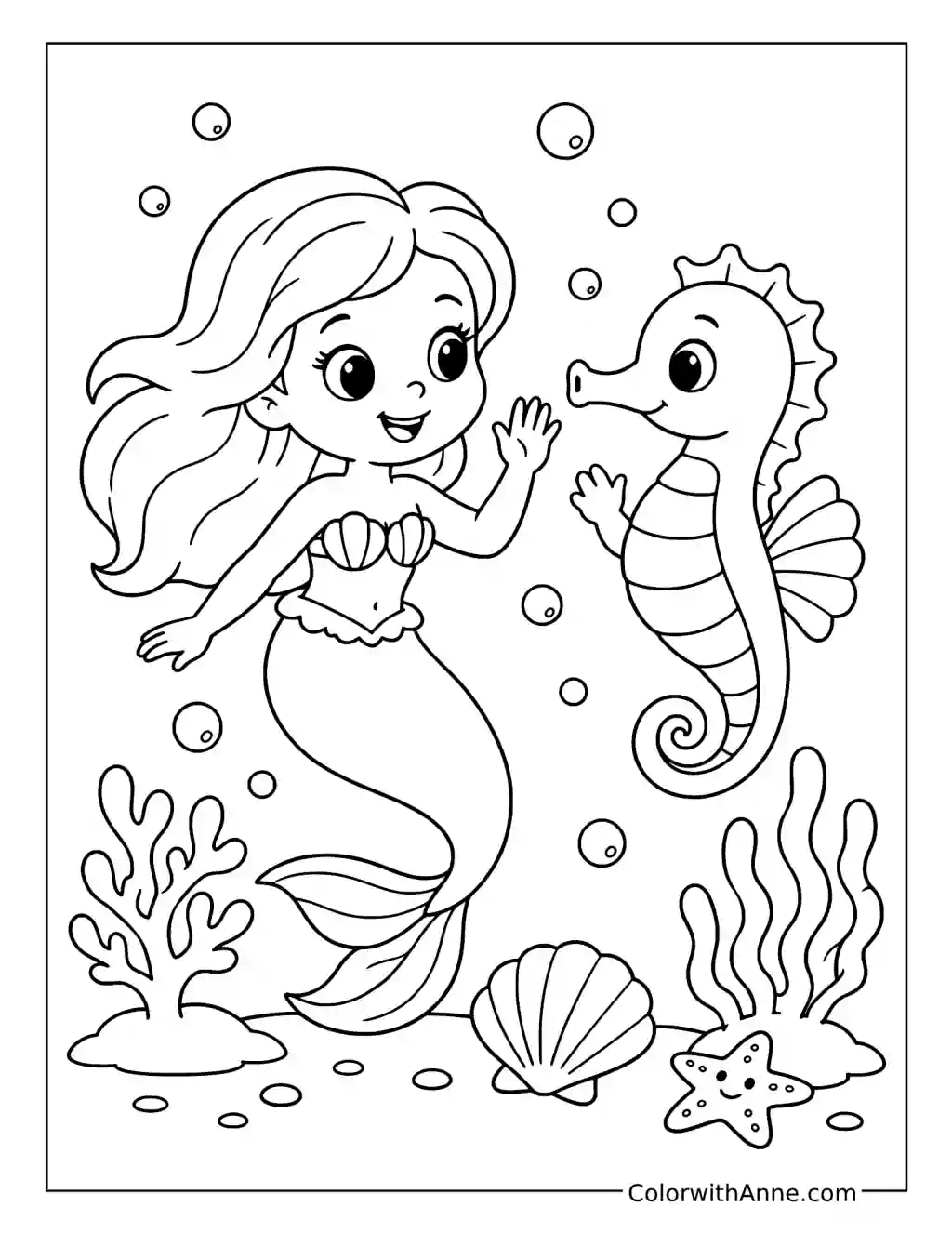 Mermaid and Seahorse Friends coloring page