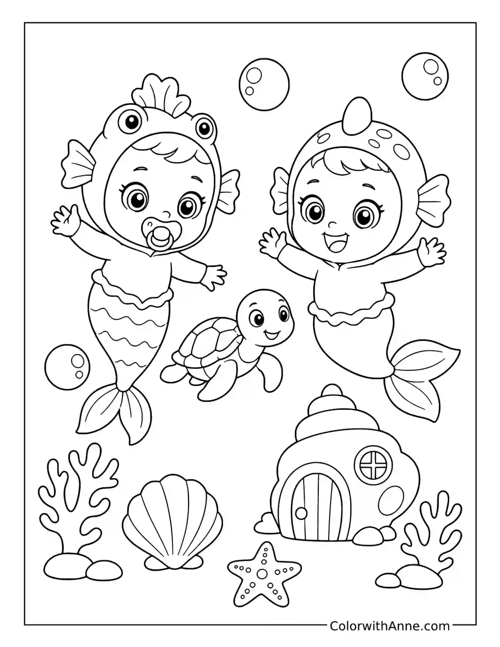 Mermaid Friends Swimming with a Sea Turtle coloring page