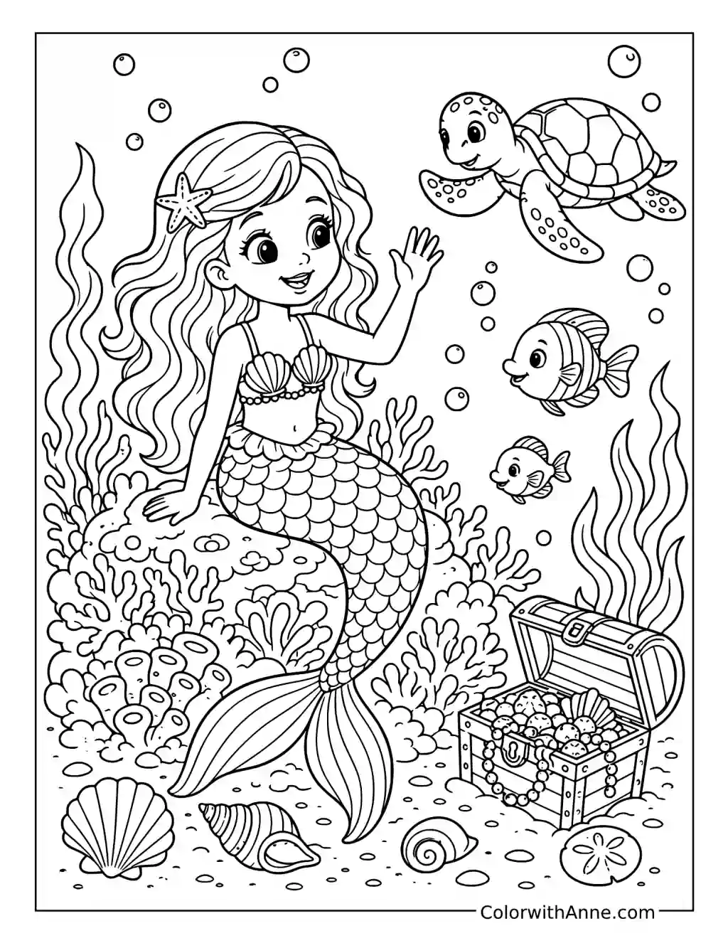 Mermaid Girl Waves to a Sea Turtle coloring page