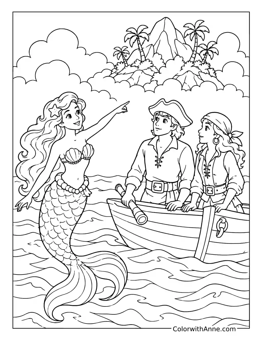 Mermaid Guides Pirates to Island coloring page