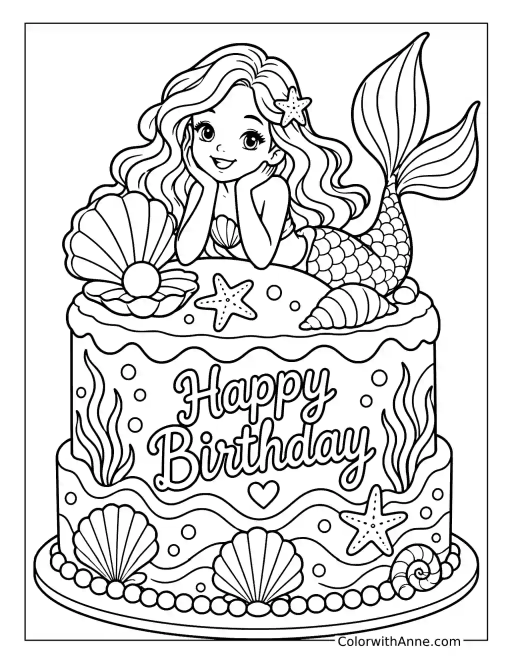 Mermaid Princess Birthday Cake coloring page