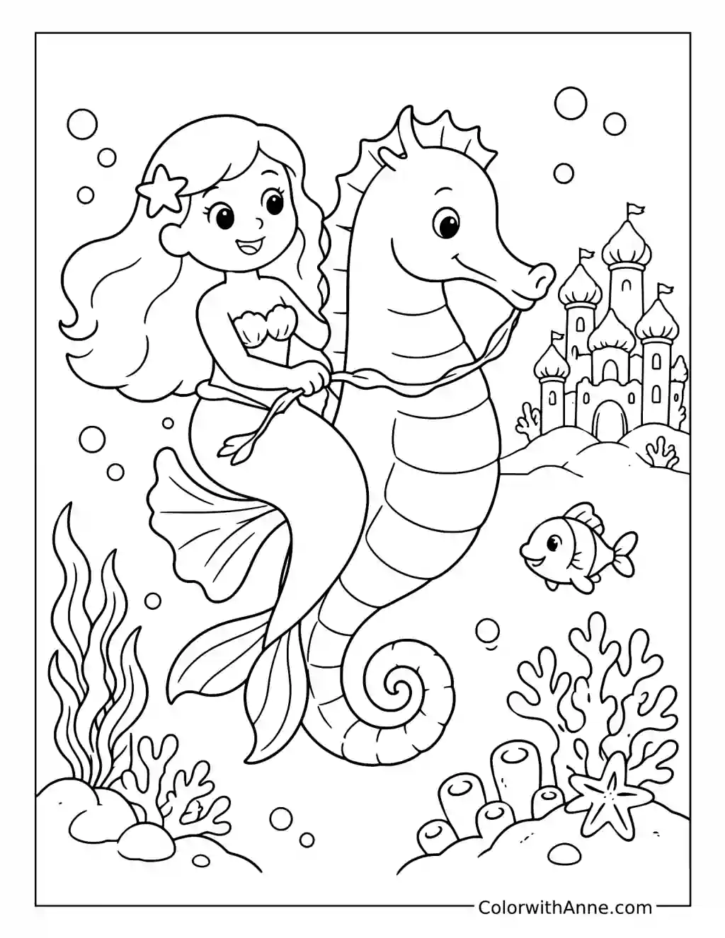 Mermaid Riding a Seahorse coloring page