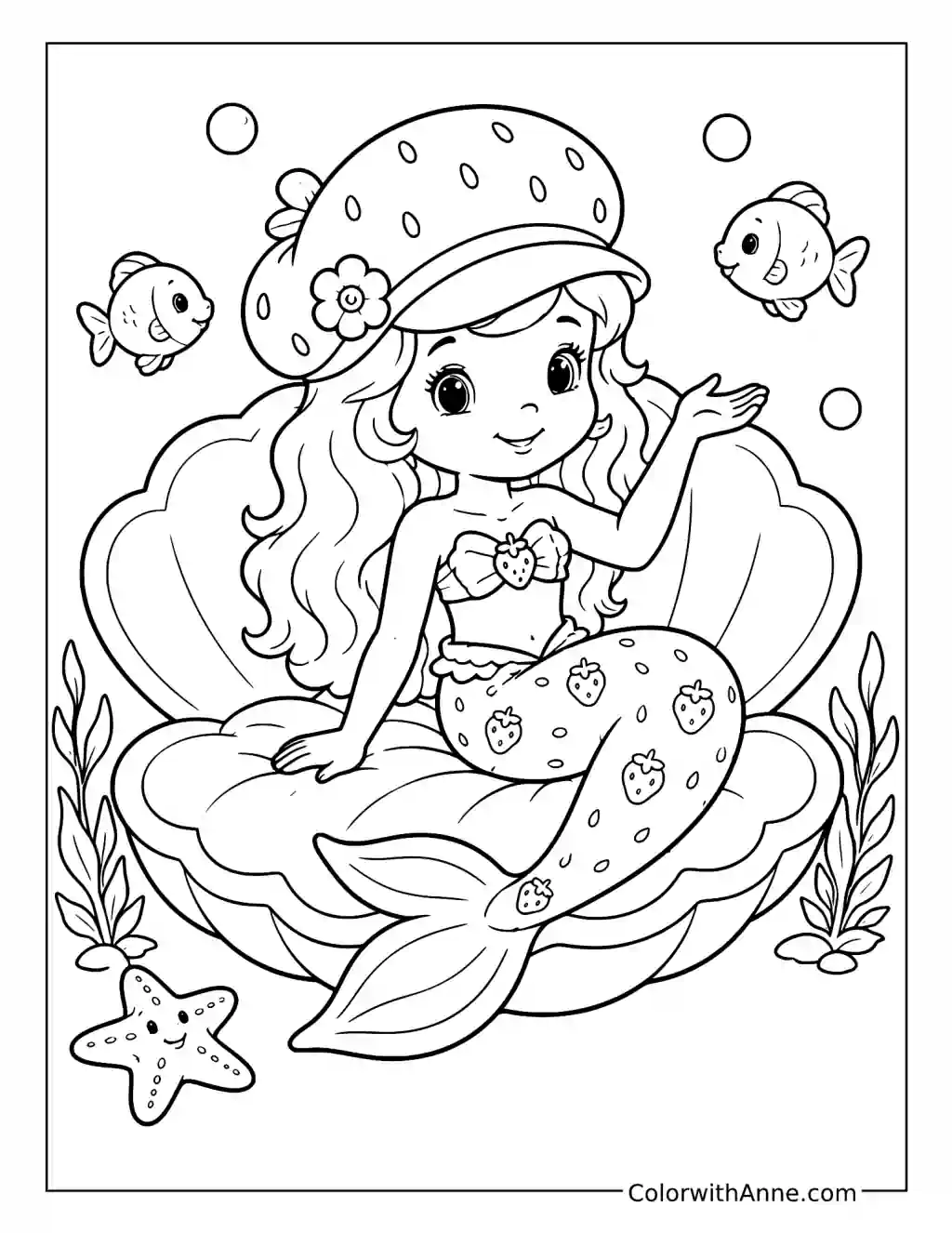 Mermaid Strawberry Shortcake Sitting in a Seashell coloring page