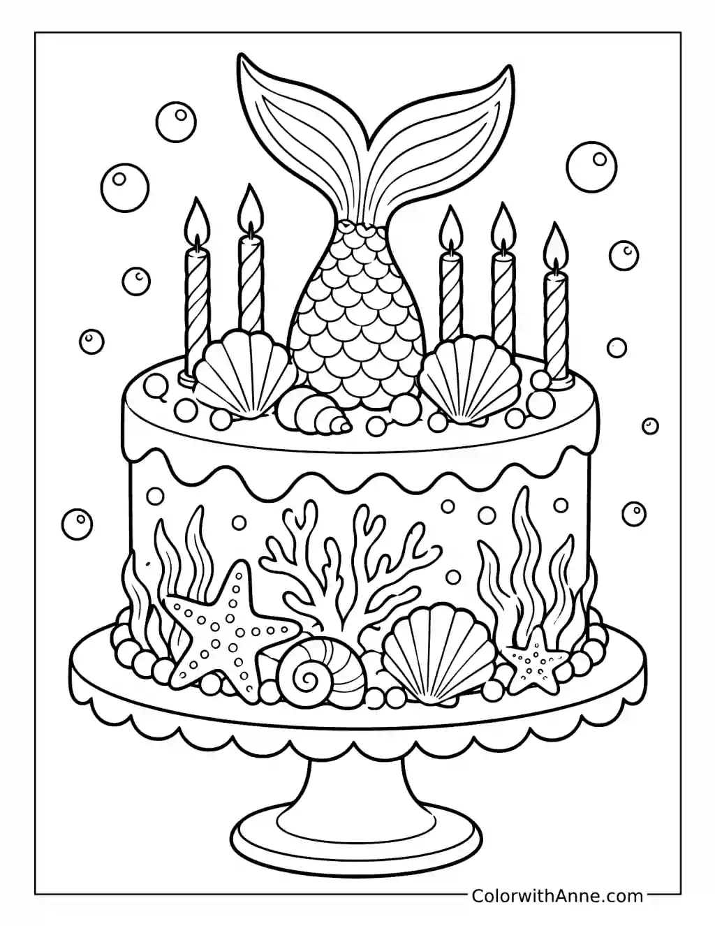 Mermaid Tail Underwater Birthday Cake coloring page