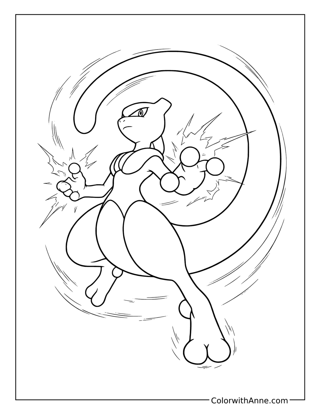 Mewtwo Surrounded by Energy Bursts coloring page
