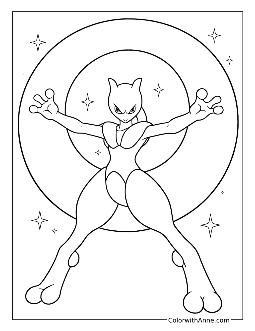 Mewtwo with Outstretched Arms and Concentric Rings coloring page