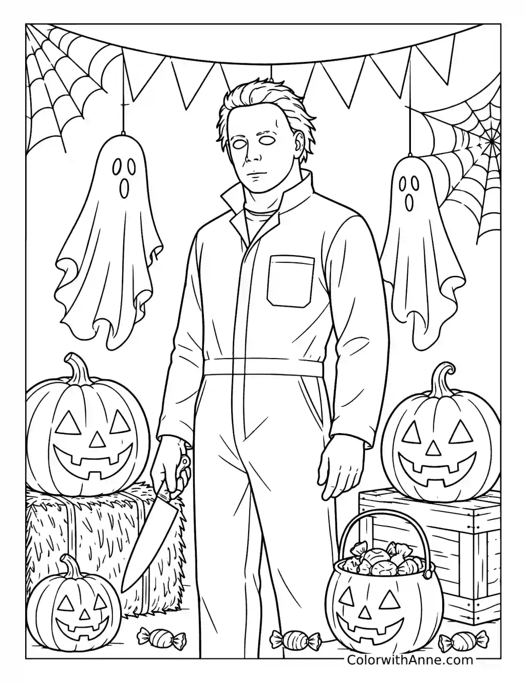 Michael Myers Among Halloween Decorations coloring page