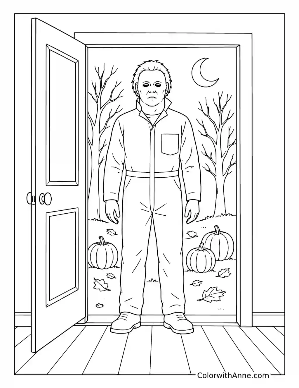 Michael Myers at an Autumn Doorway coloring page