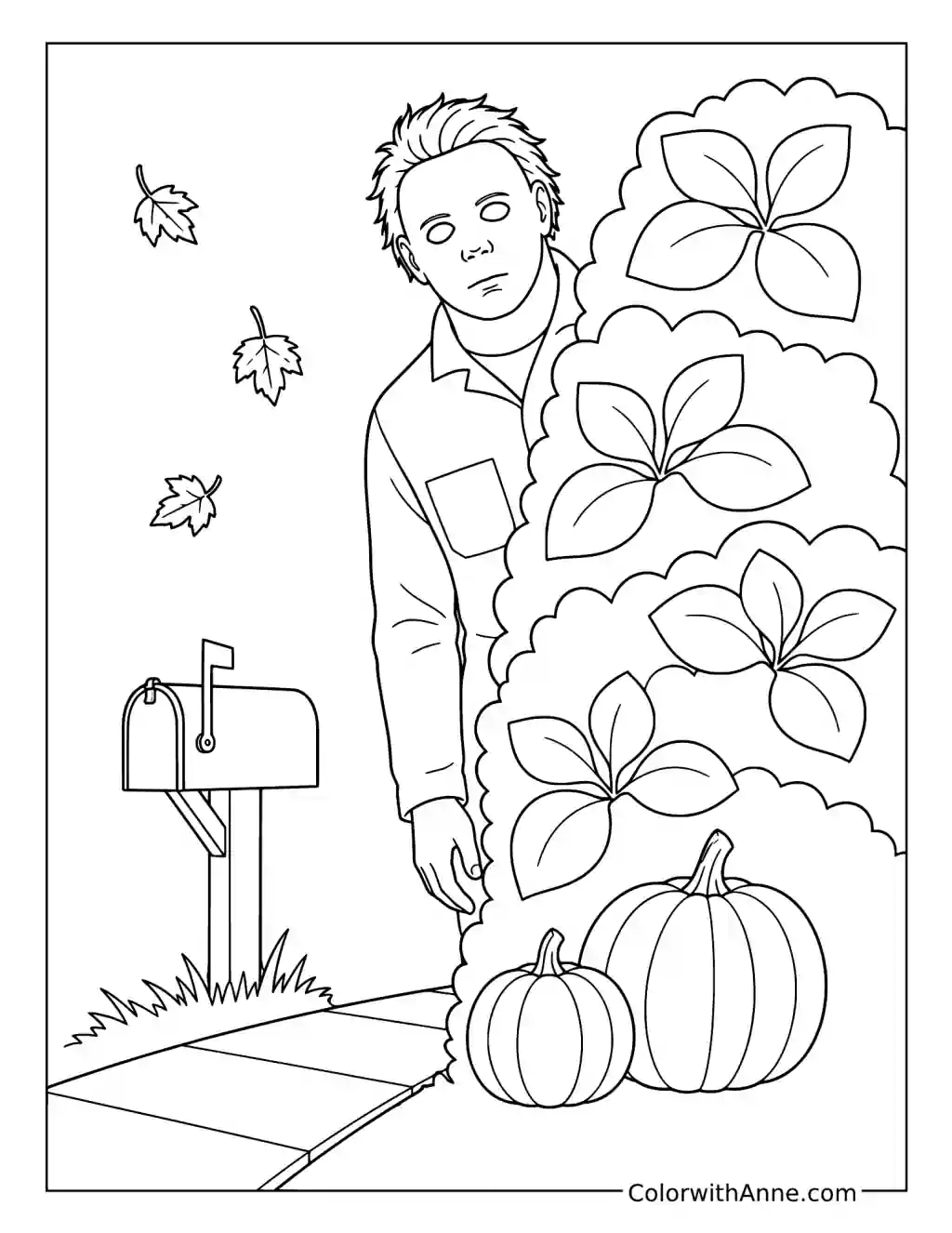 Michael Myers Behind the Autumn Hedge coloring page