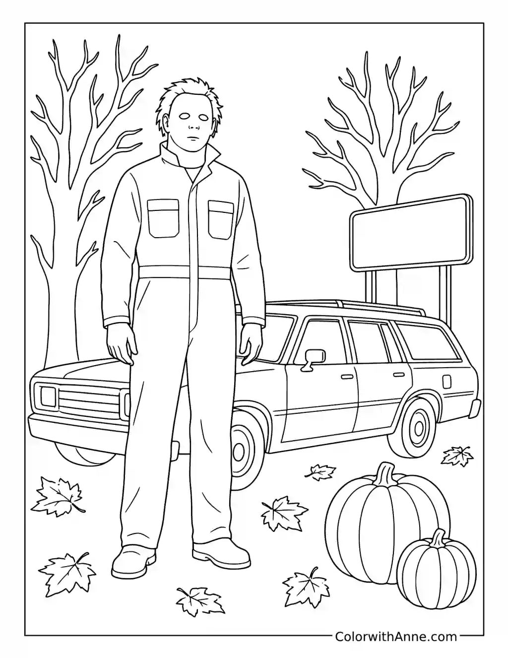 Michael Myers by an Autumn Station Wagon coloring page