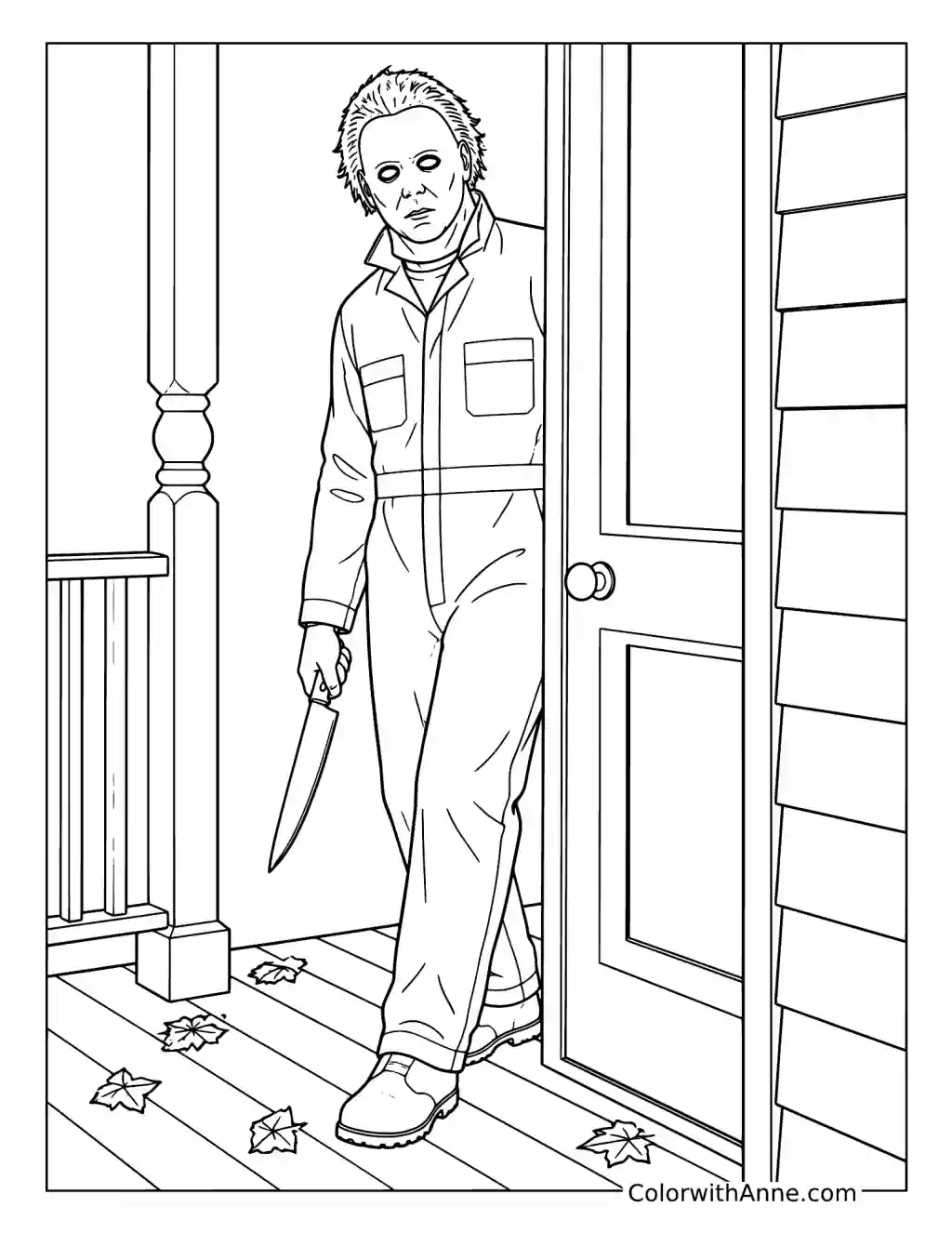 Michael Myers Stepping Through a Porch Doorway coloring page