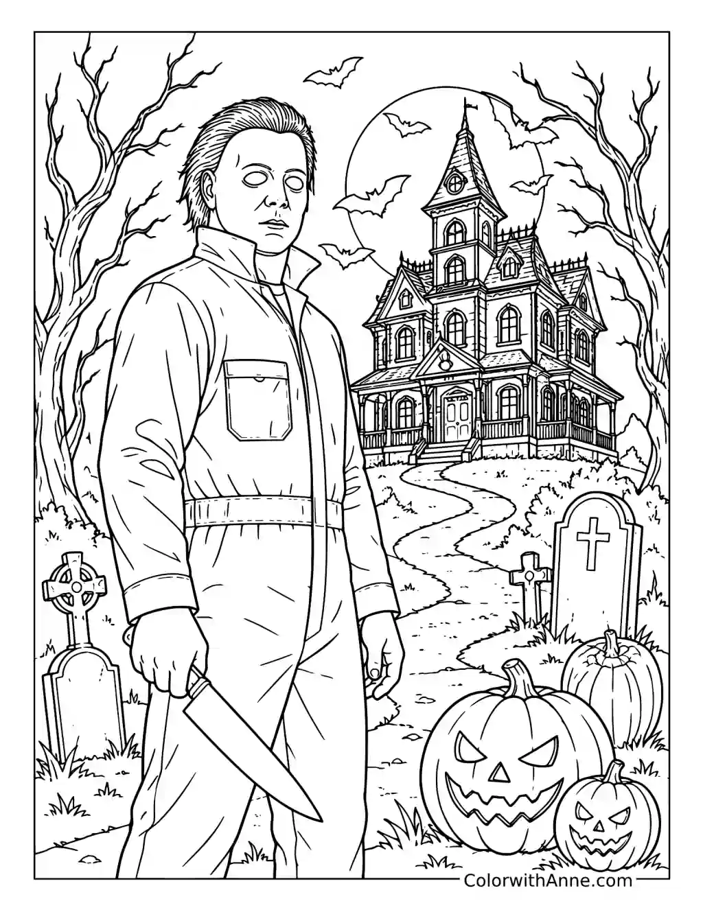 Michael Myers with a Haunted House coloring page