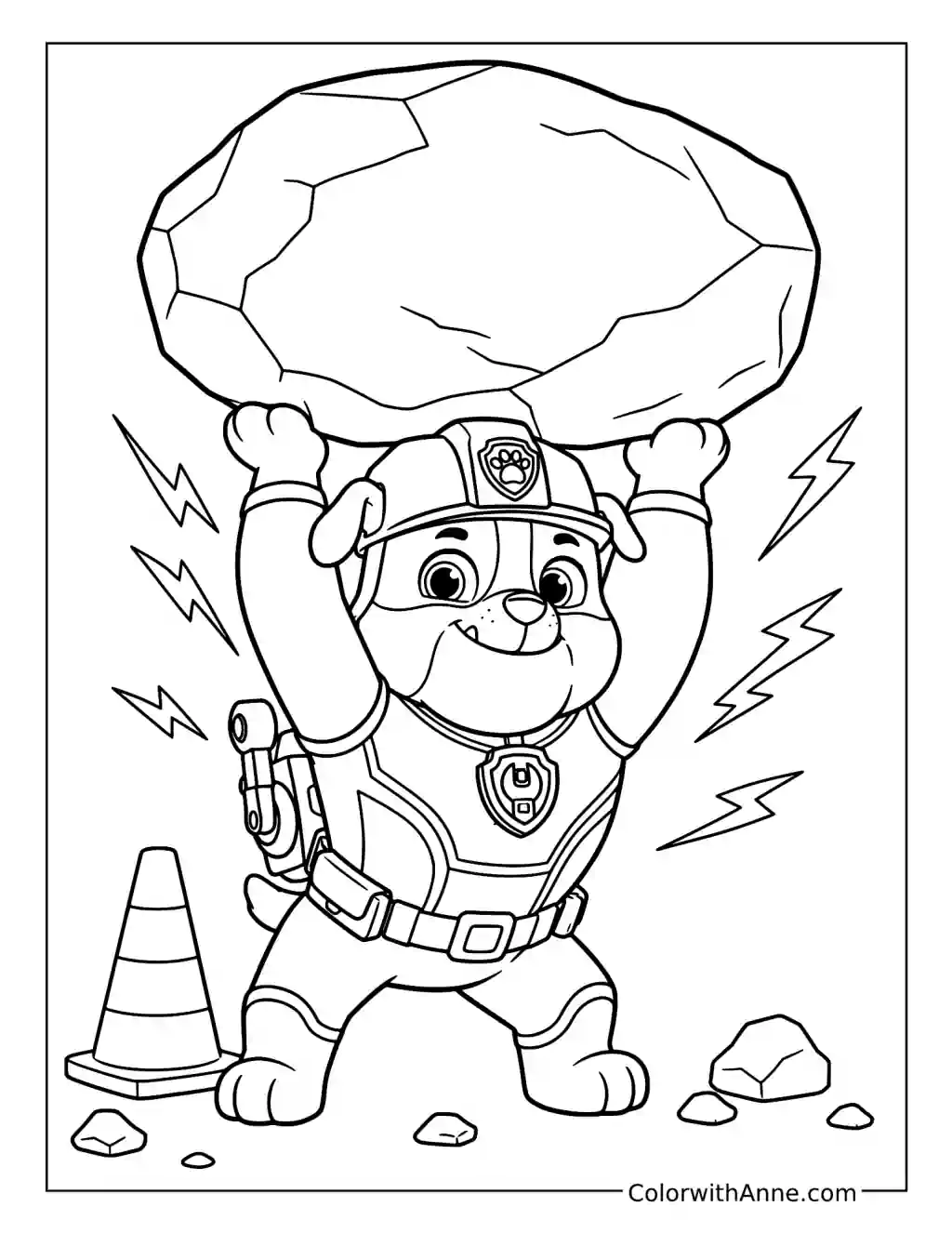 Mighty Construction Pup Lifting a Giant Boulder coloring page