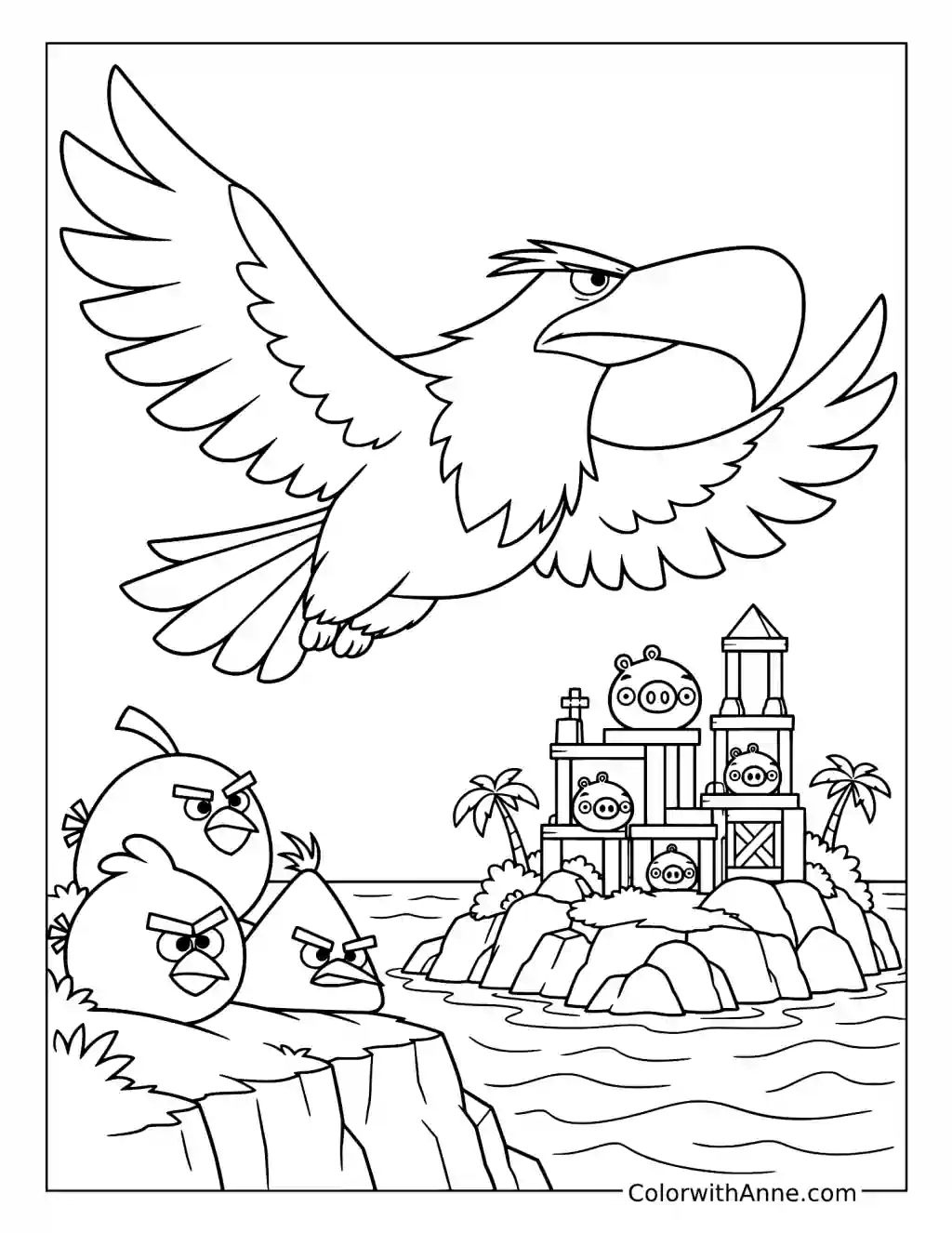 Mighty Eagle spreads his wings above birds on a cliff and a distant pig fortress surrounded by water.