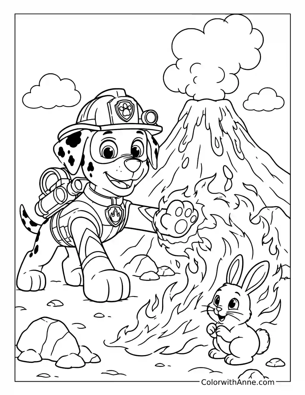 Mighty Firefighter Pup at an Erupting Volcano coloring page