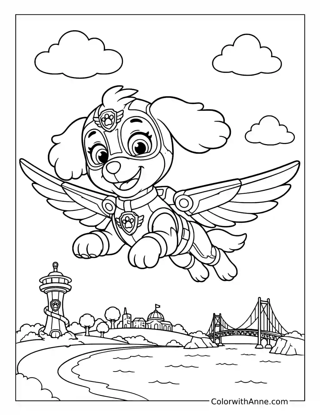 Mighty Flying Pup Above the Harbor coloring page