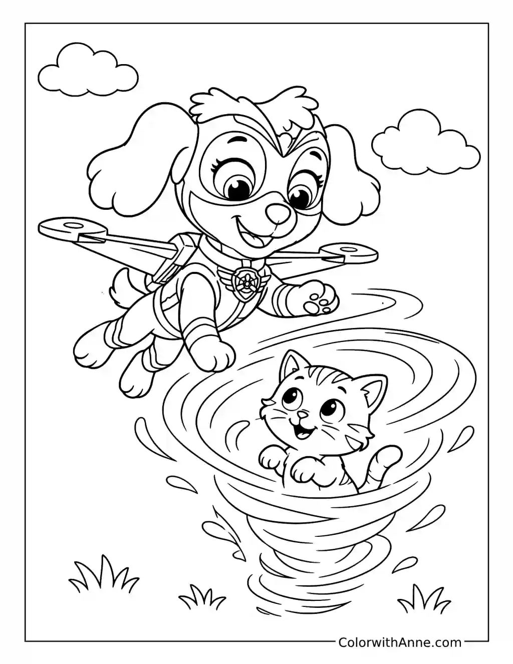 Mighty Flying Pup Rescuing a Kitten from a Tornado coloring page
