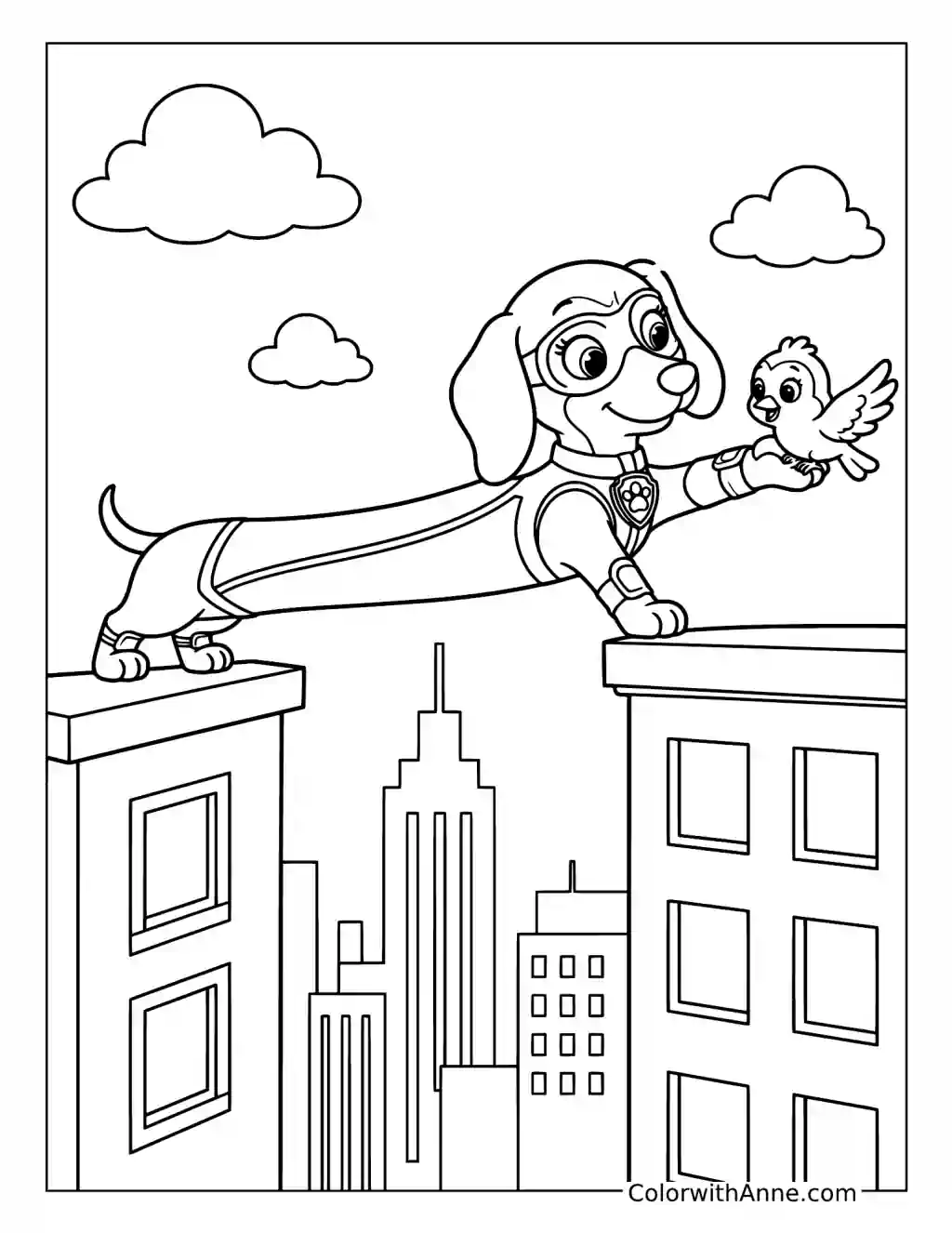 Mighty Long Pup Rescuing a Bird from a Rooftop coloring page