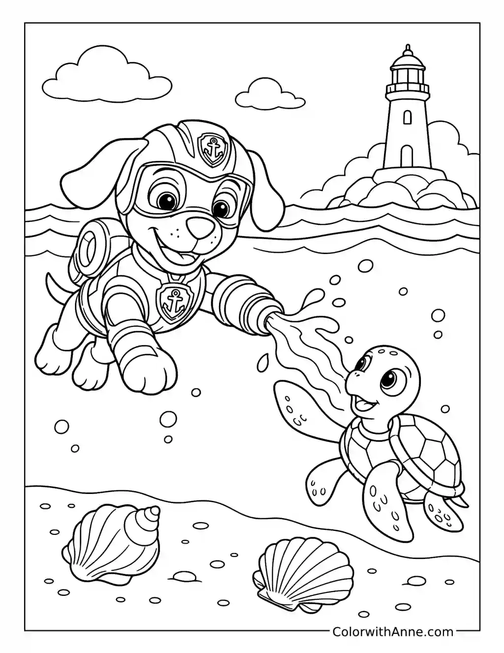Mighty Water Rescue Pup Helping a Sea Turtle coloring page