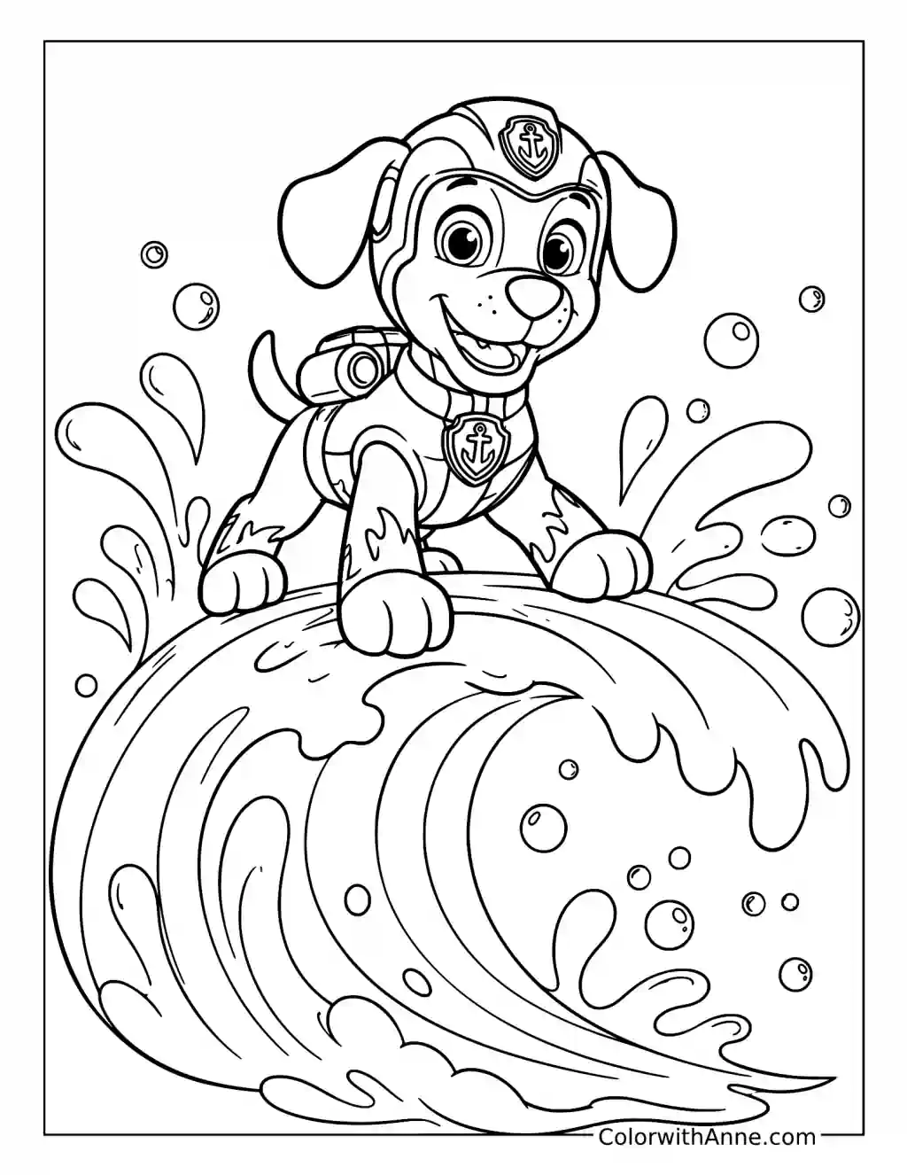 Mighty Water Rescue Pup Riding a Giant Wave coloring page