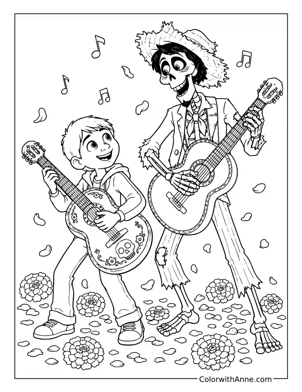 Miguel and Héctor Playing Music Together coloring page
