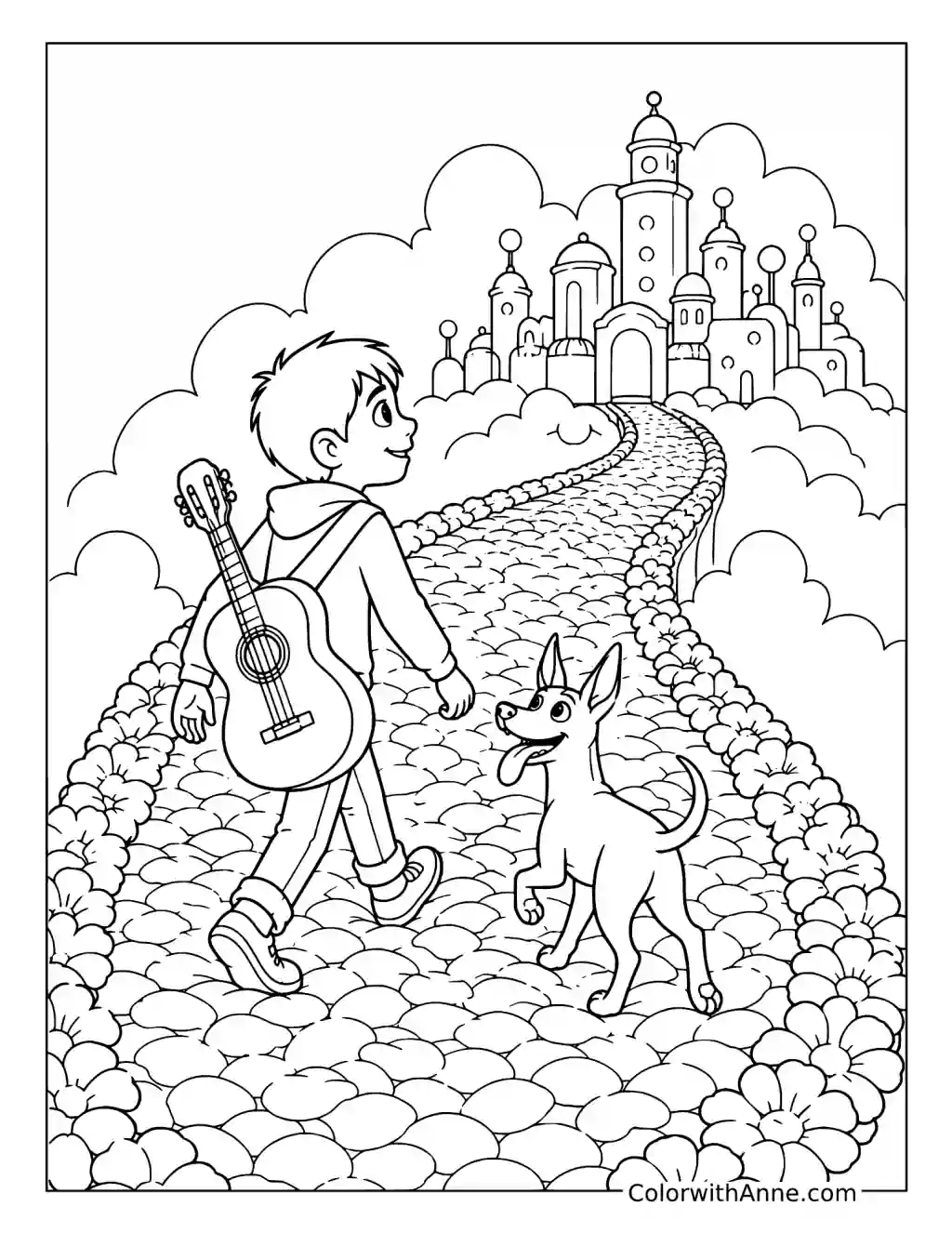 Miguel Crossing the Marigold Bridge coloring page