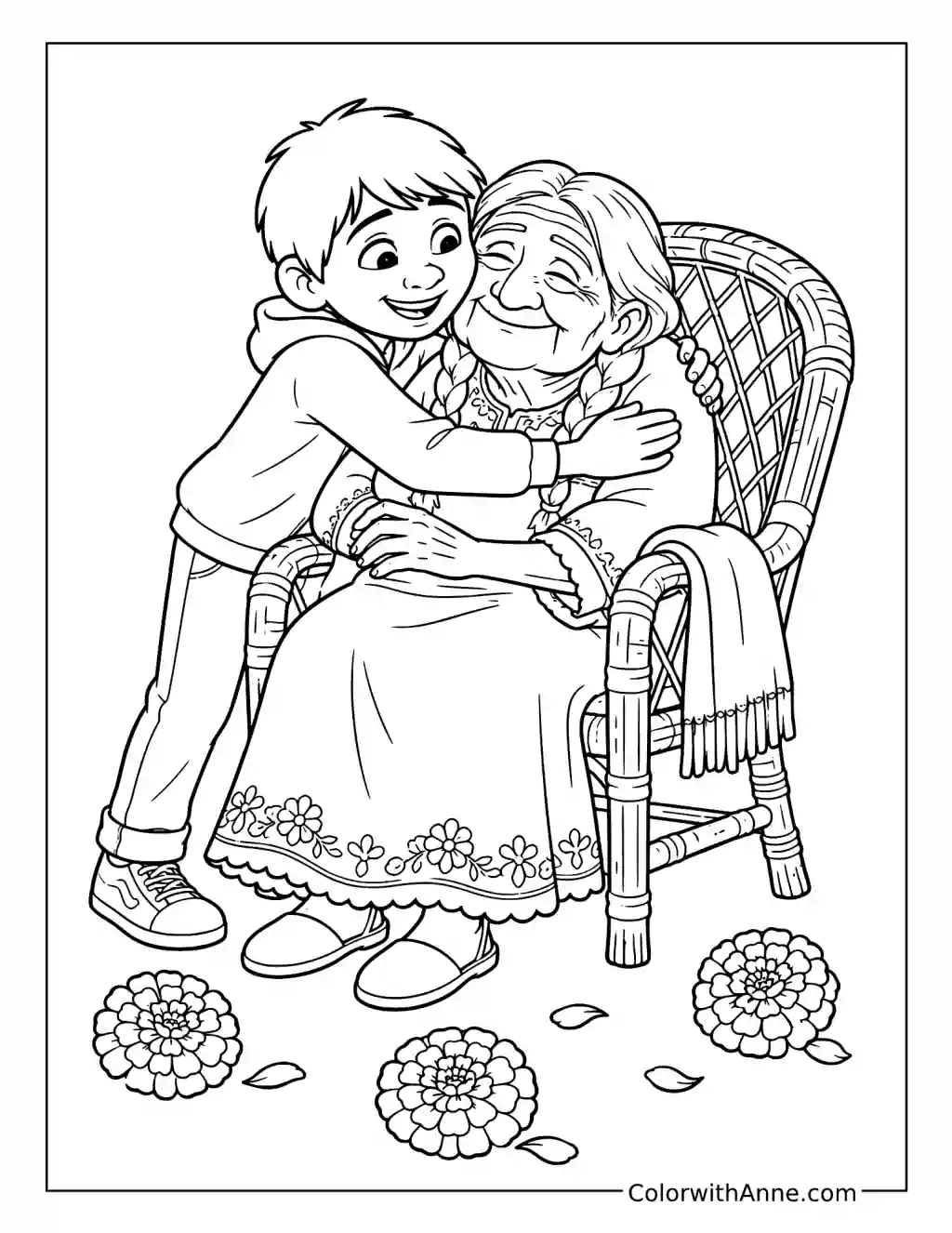 Miguel Hugging Mamá Coco coloring page