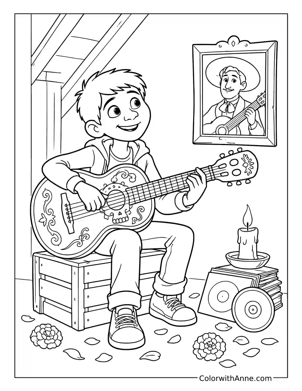Miguel Practicing Music in the Attic coloring page