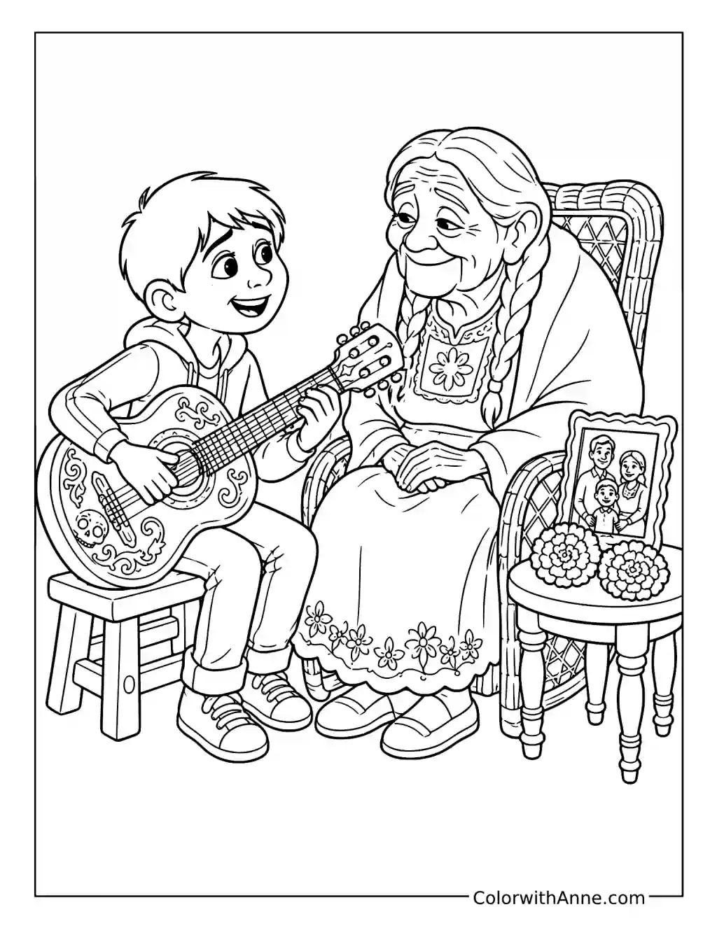 Miguel Singing to Mamá Coco coloring page