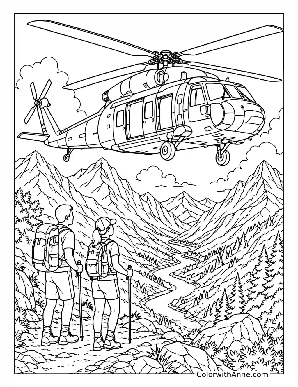 Military Helicopter Flying Over Mountains coloring page