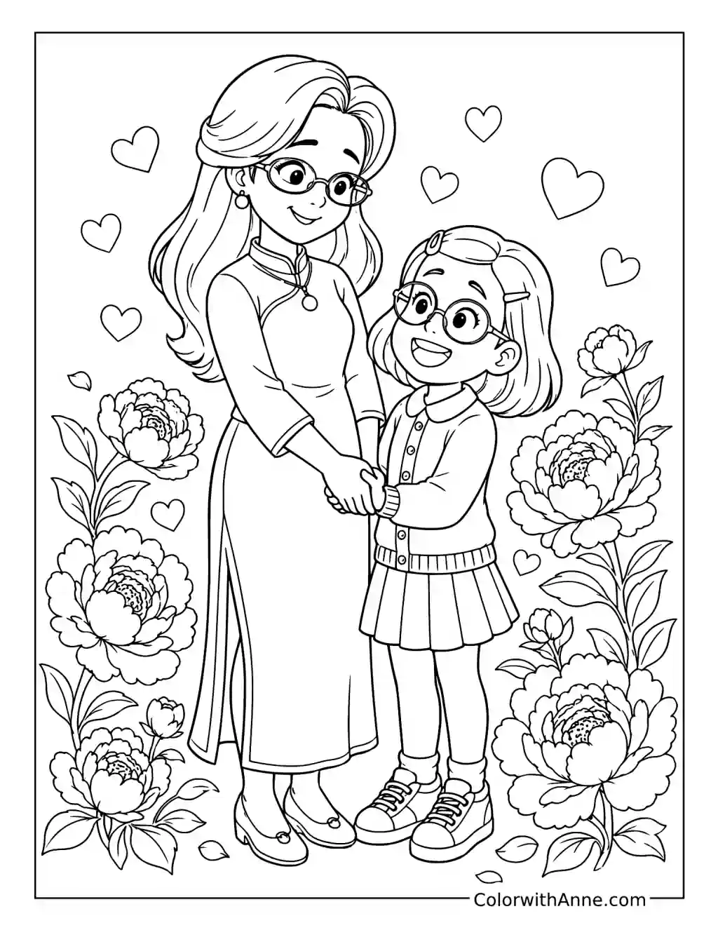 Ming and Mei Sharing a Mother-Daughter Moment coloring page