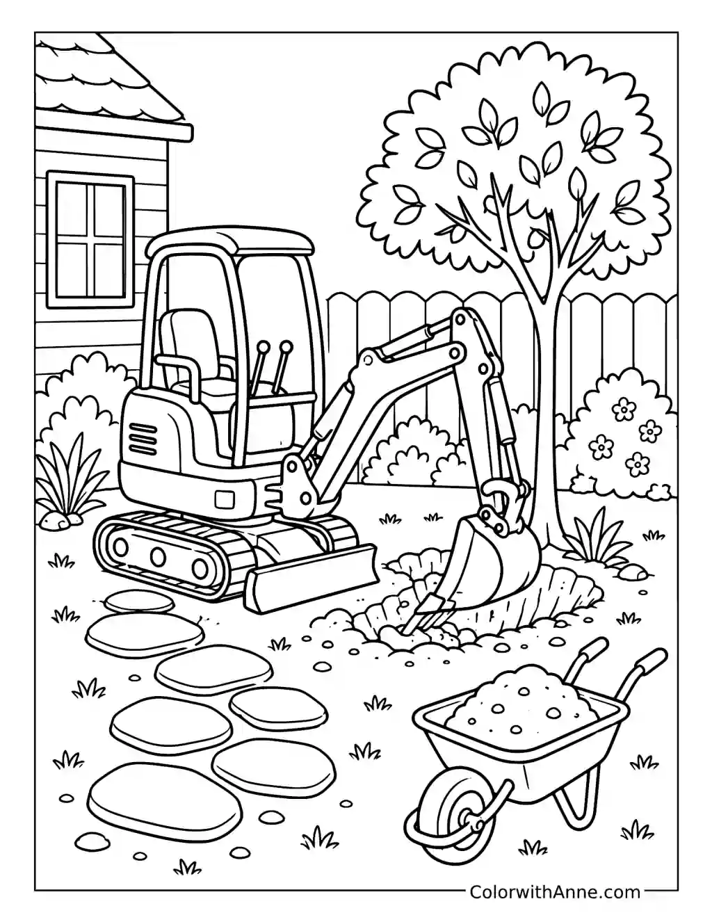 Mini Excavator in a Backyard Garden coloring page