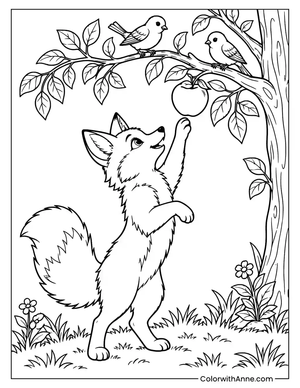 Mischievous Fox Reaching for Apples Coloring Page