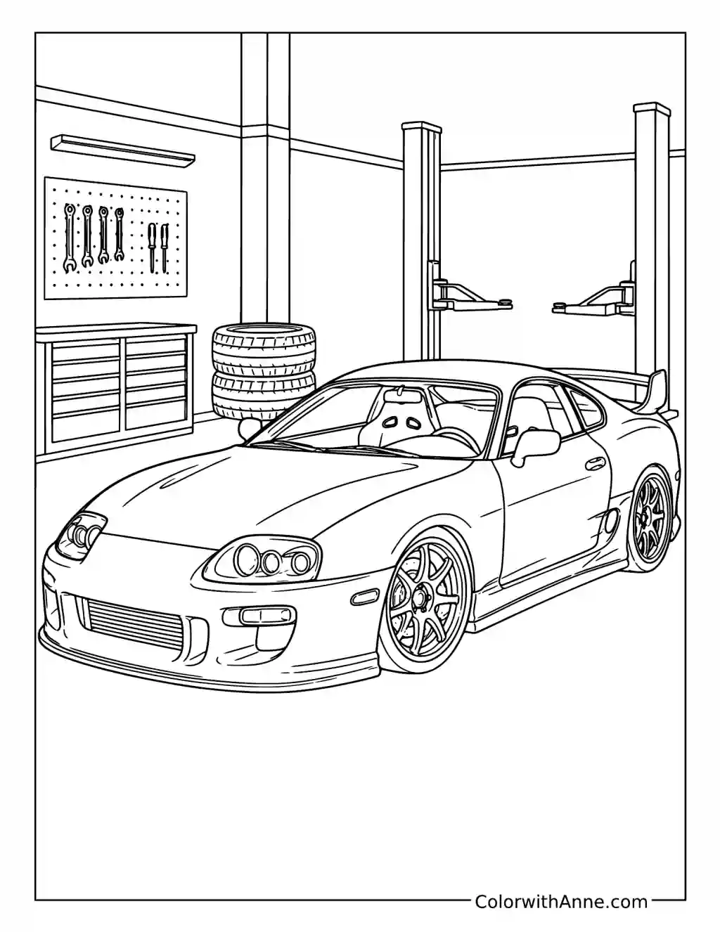 Modified Sports Coupe in a Tuning Garage coloring page