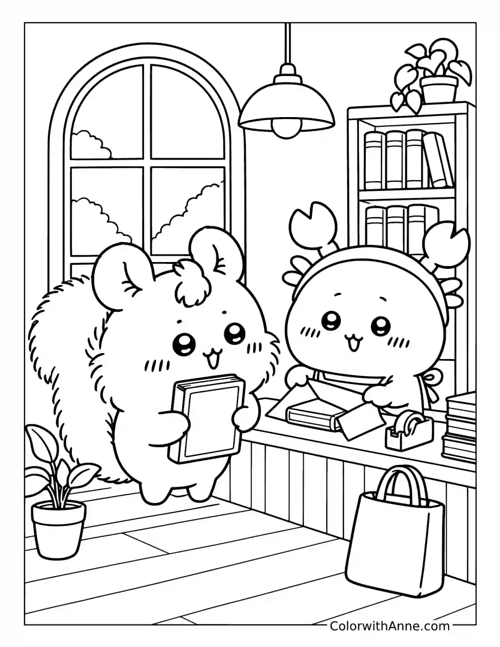 Momonga and Furuhonya’s Cozy Bookshop coloring page