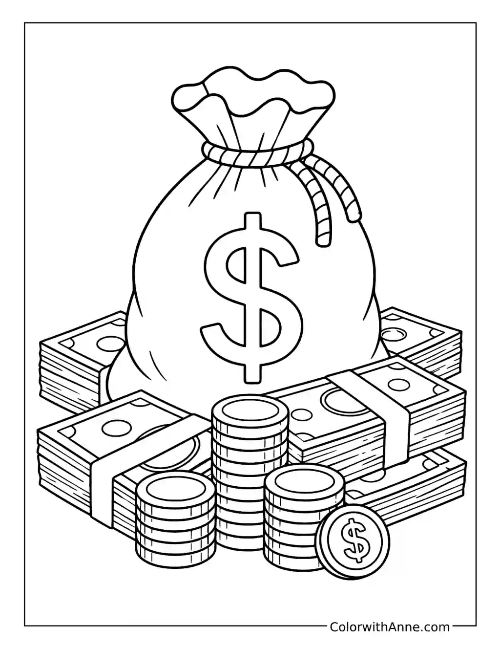 Money Bag And Cash Stacks coloring page