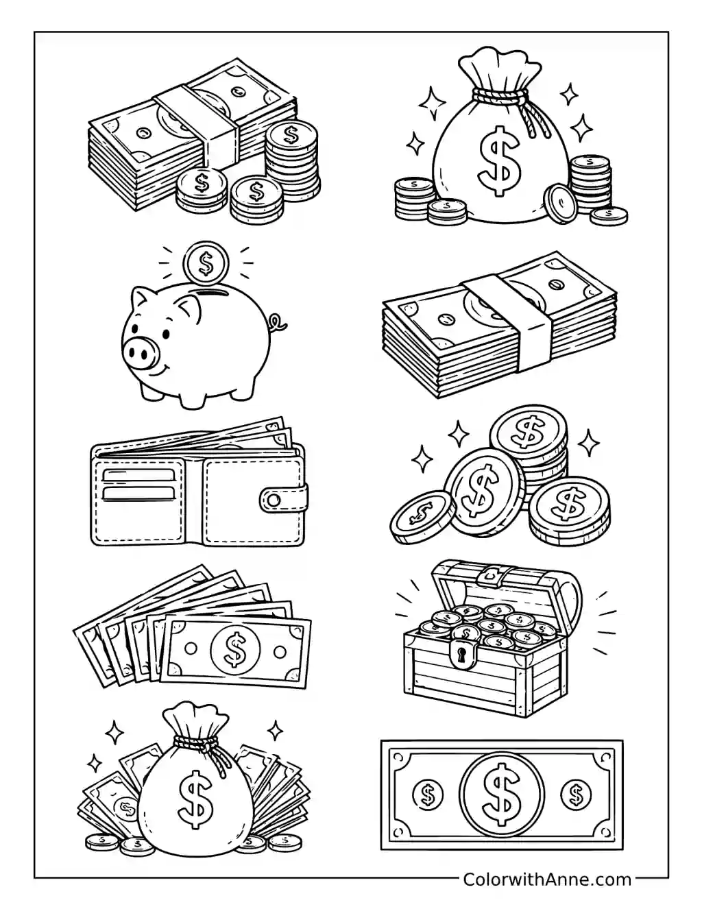 Money Bag With Dollar Bills coloring page