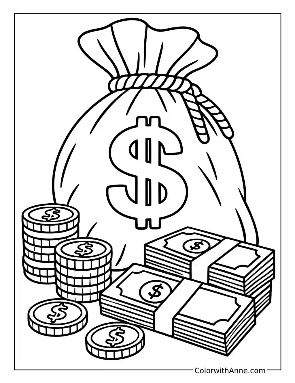 Money Bag With Treasure Coins coloring page