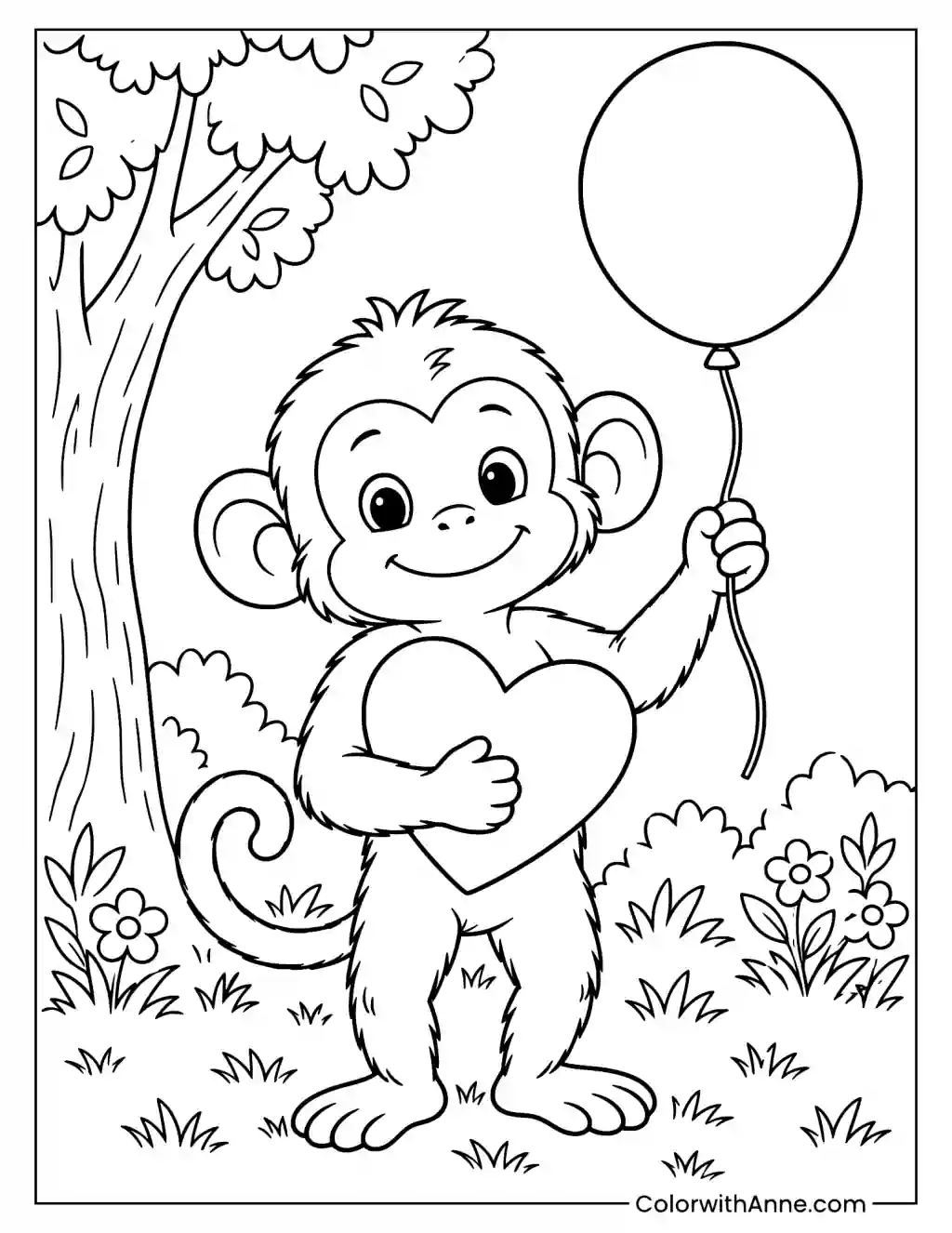 Monkey Holding a Heart and Balloon Coloring Page